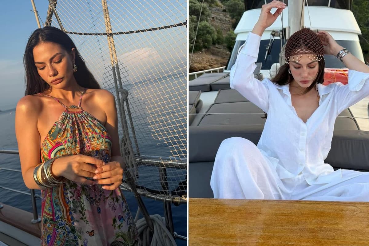 Demet Özdemir Paris'te siyah kıyafetiyle poz verirken