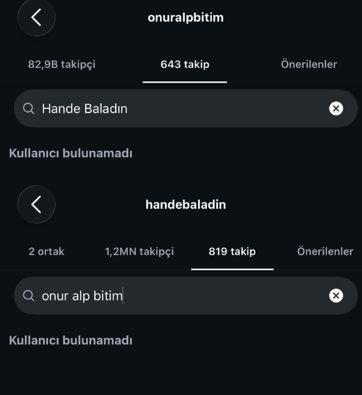Hande Baladın ile Onuralp Bitim'in sosyal medya hesaplarında birbirini takip etmediğini gösteren ekran görüntüsü
