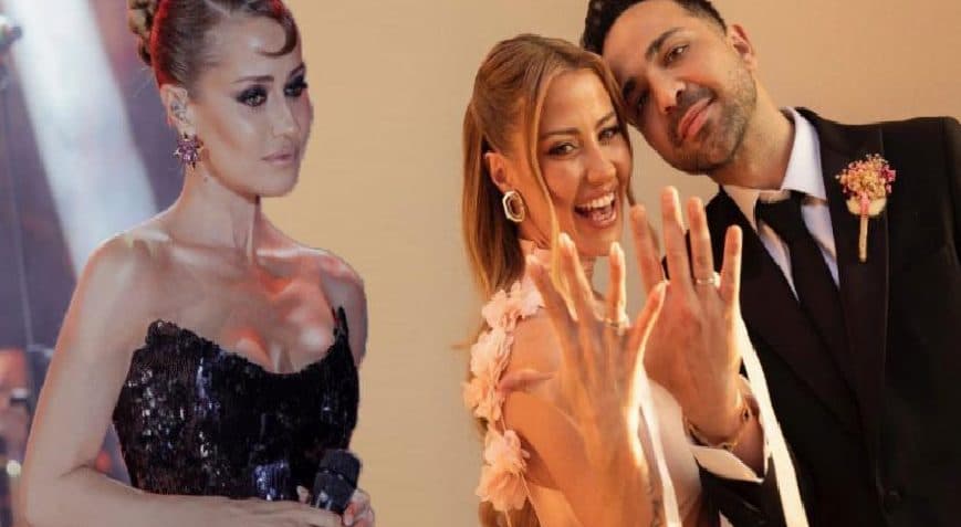 Derya Uluğ nişan yüzüğünü gösterirken sahnede performans anı da yan yana görülüyor