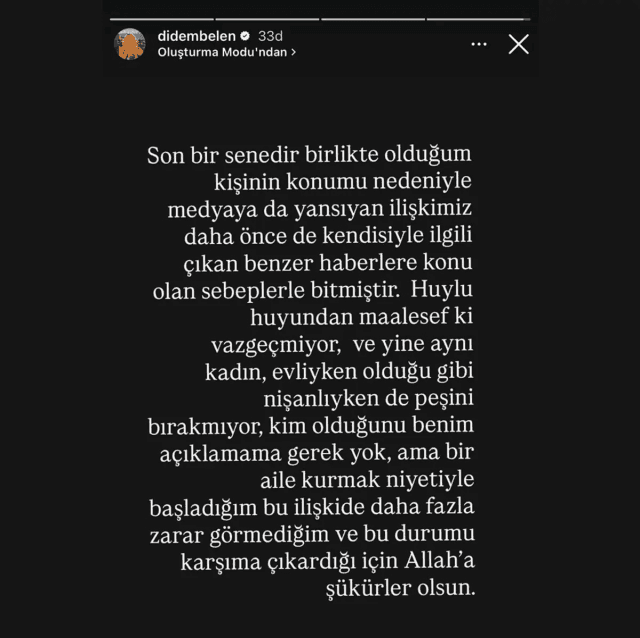 Didem Belen'in ilişkisinin bittiğini duyurduğu Instagram hikâyesi