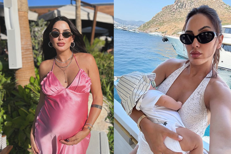 Sahra Işık, İdris Aybirdi ve bebekleri Pamir'in aile fotoğrafı yanında Seray Kaya'nın portresi